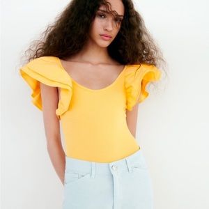Zara Yellow Orange Body Suit w/ Ruffle Sleeve
